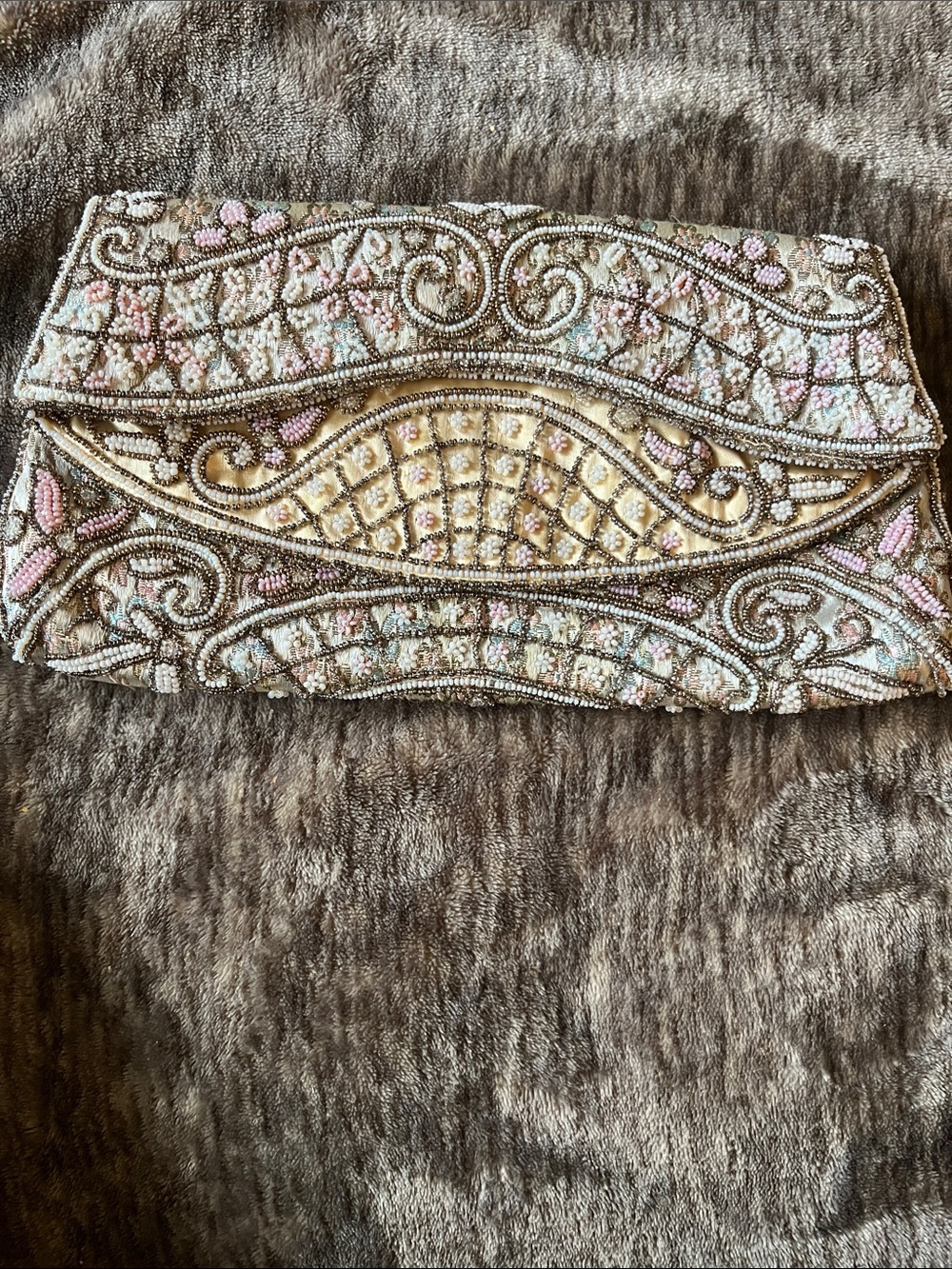 Beaded Ivory & Pink Floral Evening Clutch Made in France 🇫🇷